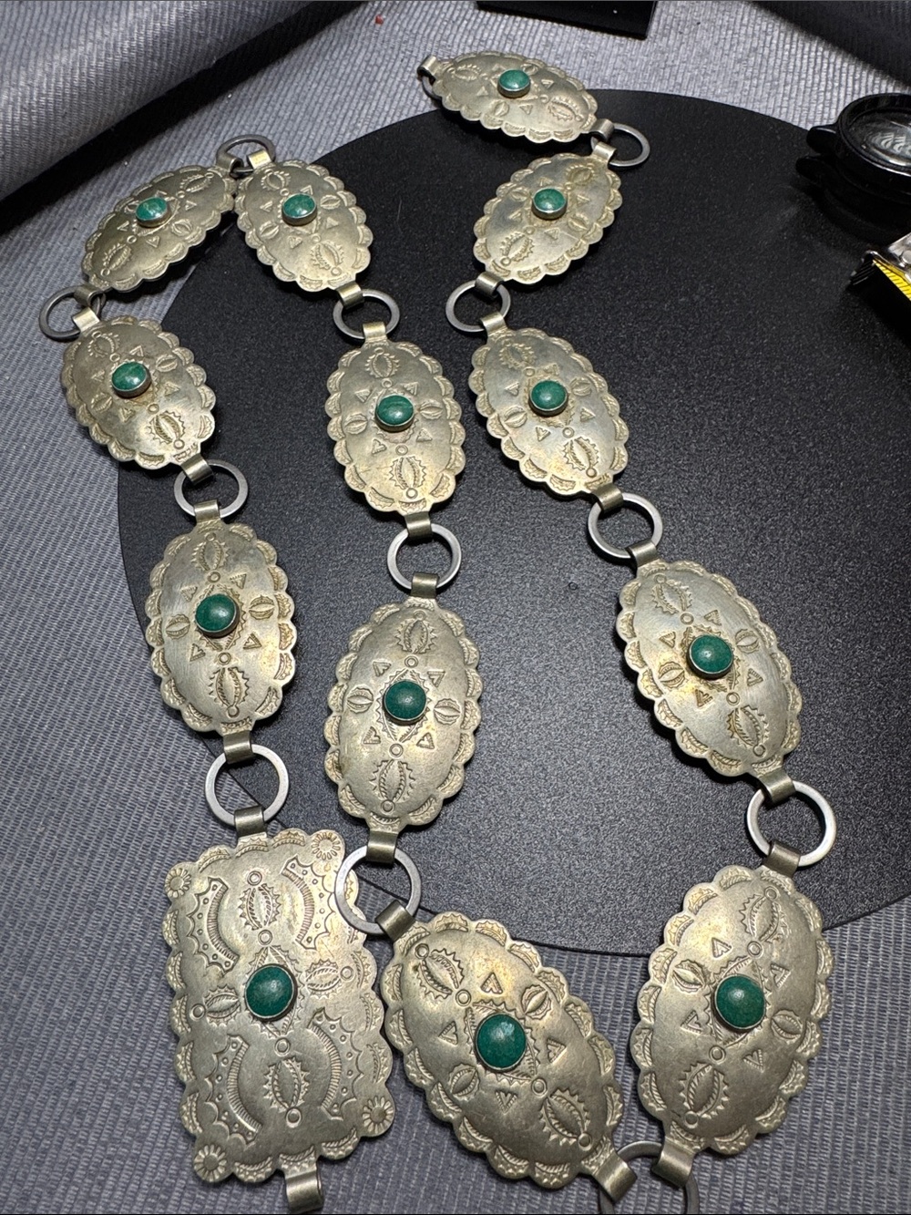 VTG Silver Concho Necklace with Green Stone Accents